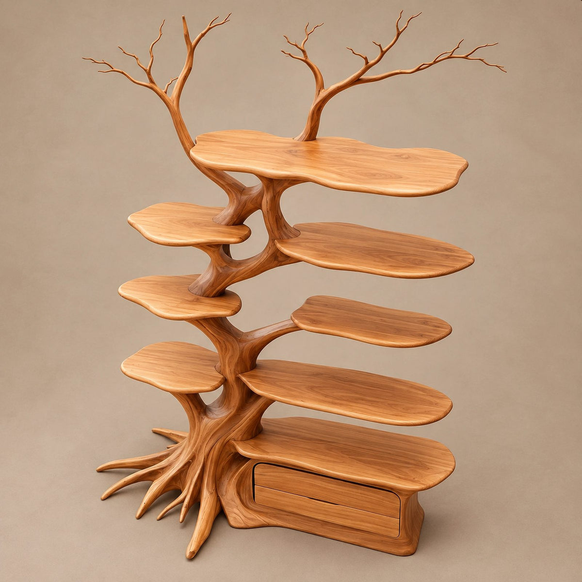 Farmhouse Solid Wood Tree Bookshelf With Rooted Drawer Base For Living Room
