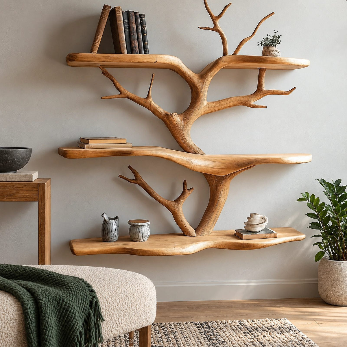 Organic Solid Wood Tree Bookshelf With Branch Shelves For Living Room
