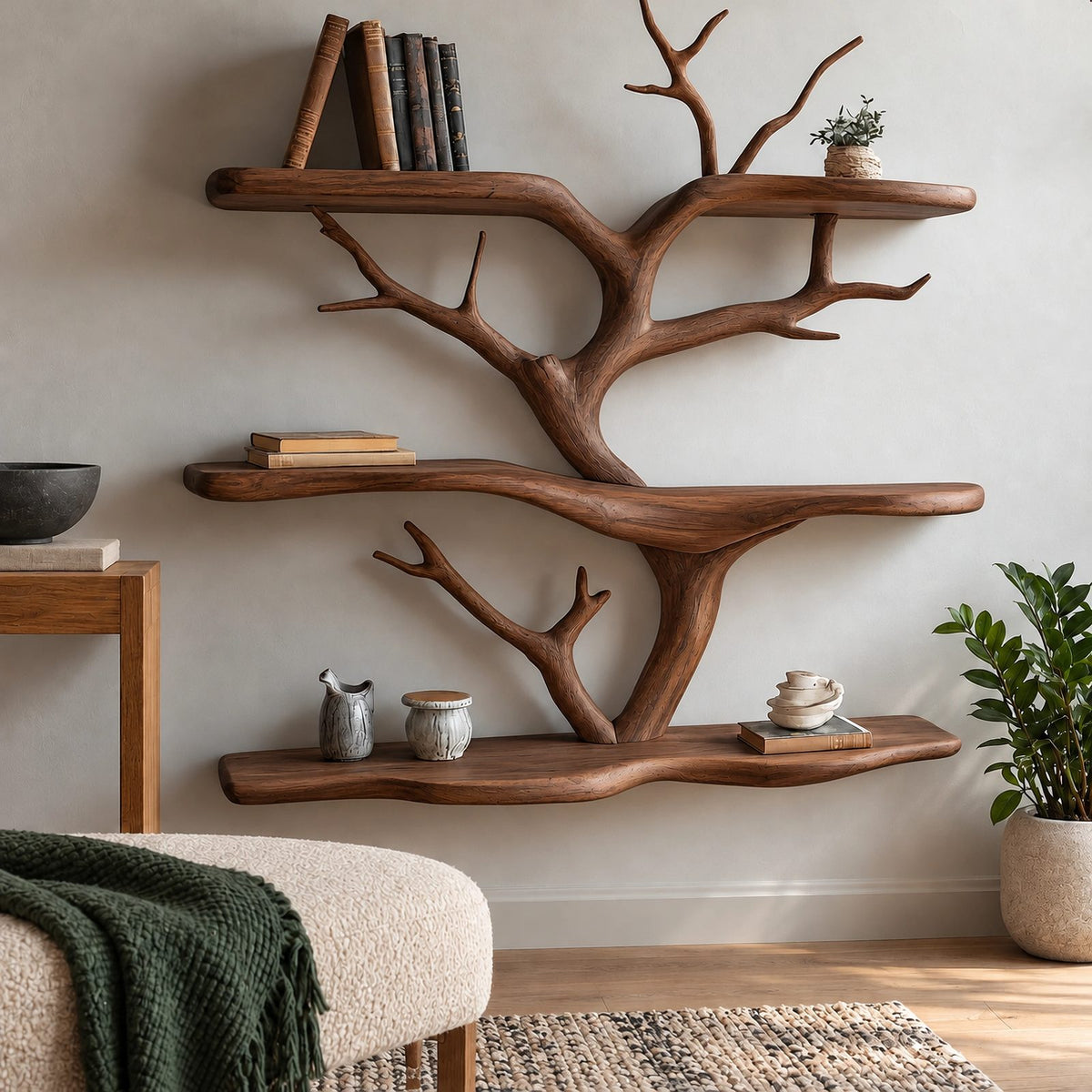 Organic Solid Wood Tree Bookshelf With Branch Shelves For Living Room
