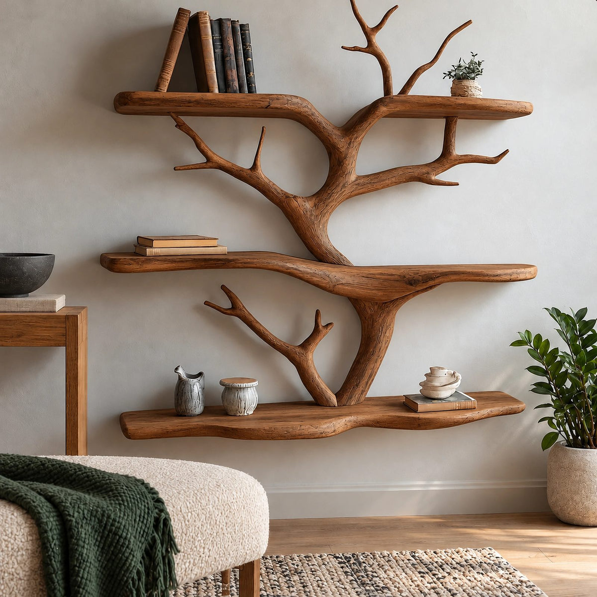 Organic Solid Wood Tree Bookshelf With Branch Shelves For Living Room