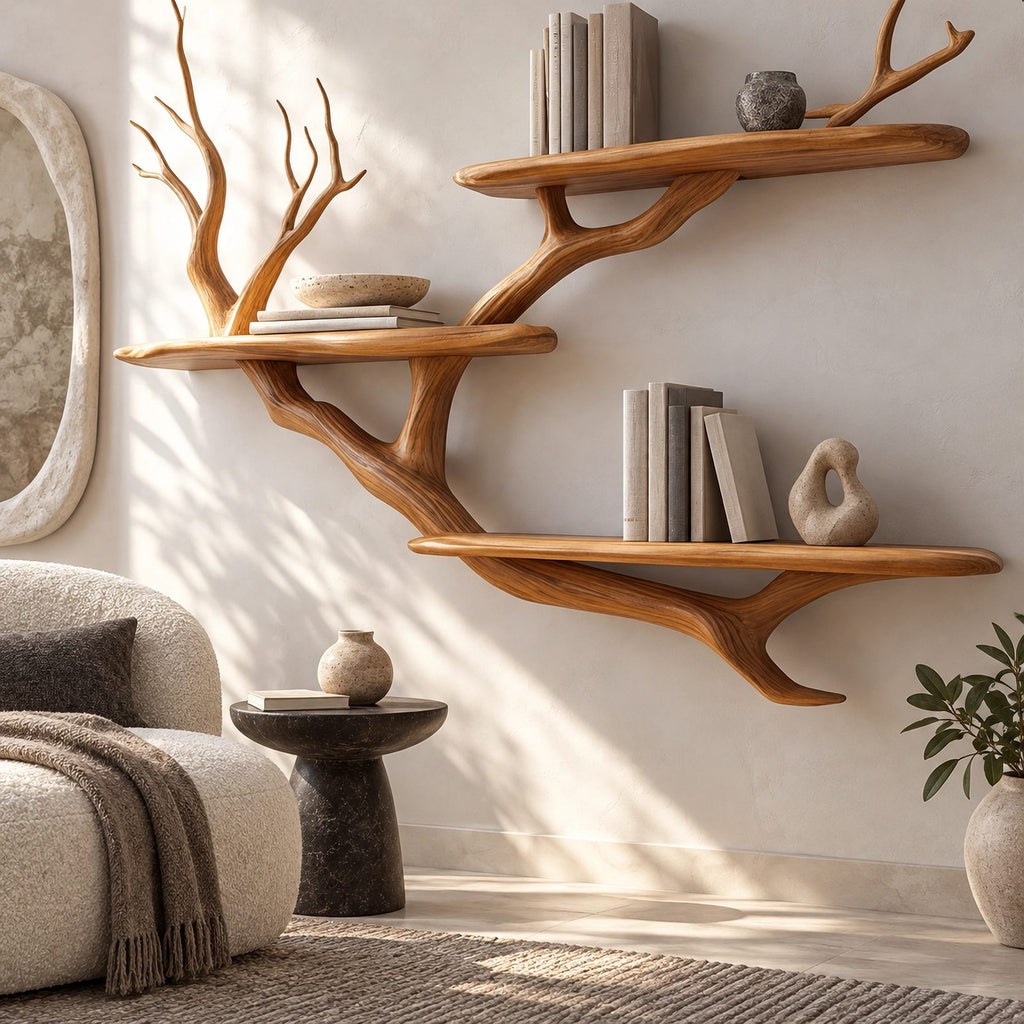 Rustic Solid Wood Tree Bookshelf With Wide Branch Shelves For Living Room