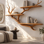 Rustic Solid Wood Tree Bookshelf With Wide Branch Shelves For Living Room