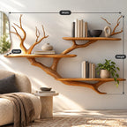 Rustic Solid Wood Tree Bookshelf With Wide Branch Shelves For Living Room