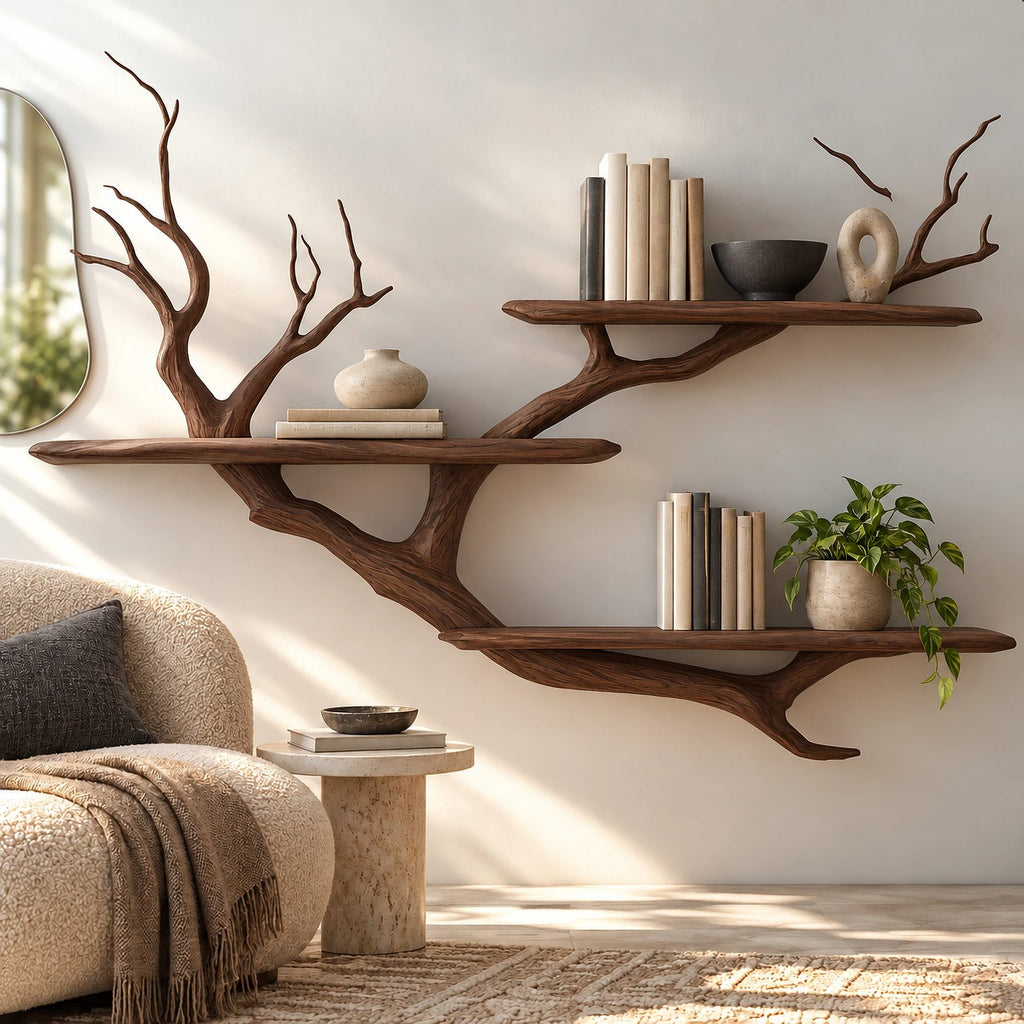 Rustic Solid Wood Tree Bookshelf With Wide Branch Shelves For Living Room