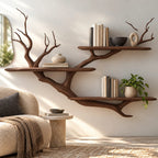 Rustic Solid Wood Tree Bookshelf With Wide Branch Shelves For Living Room