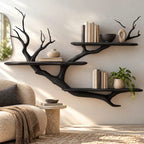Rustic Solid Wood Tree Bookshelf With Wide Branch Shelves For Living Room