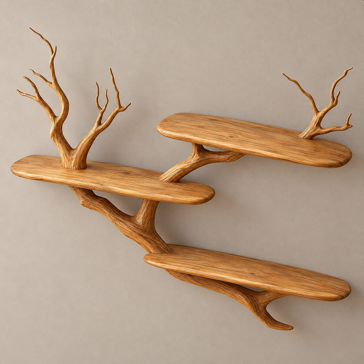 Rustic Solid Wood Tree Bookshelf With Wide Branch Shelves For Living Room