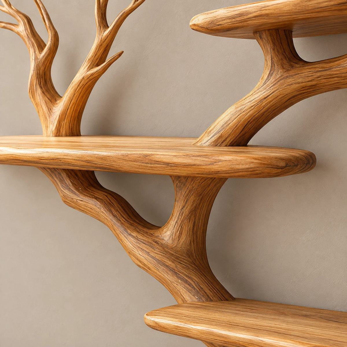 Rustic Solid Wood Tree Bookshelf With Wide Branch Shelves For Living Room