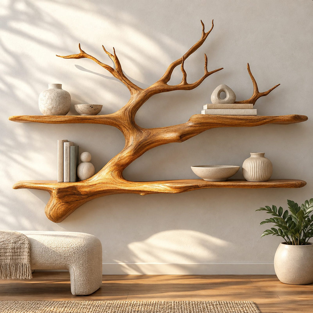 Farmhouse Solid Wood Tree Bookshelf With Tiered Shelves For Living Room