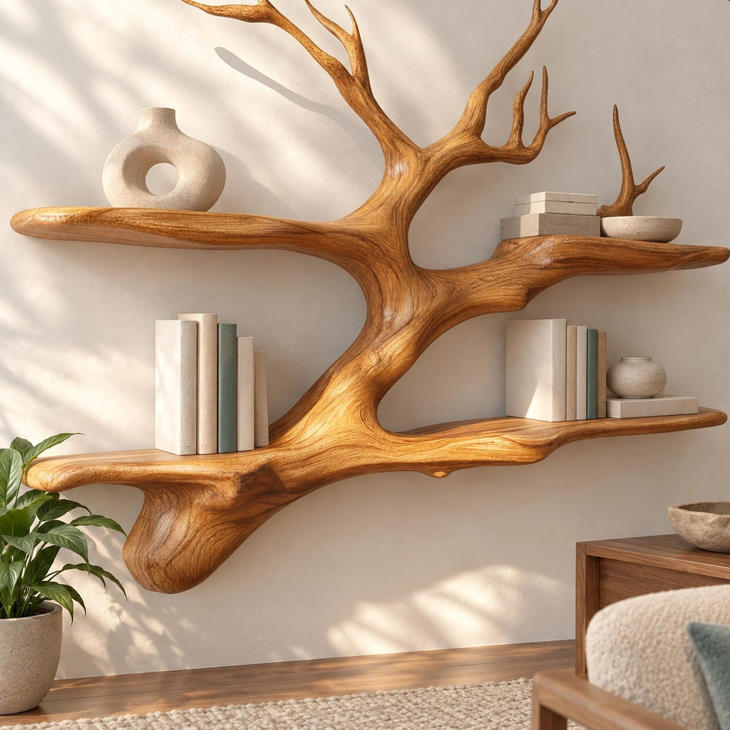 Farmhouse Solid Wood Tree Bookshelf With Tiered Shelves For Living Room