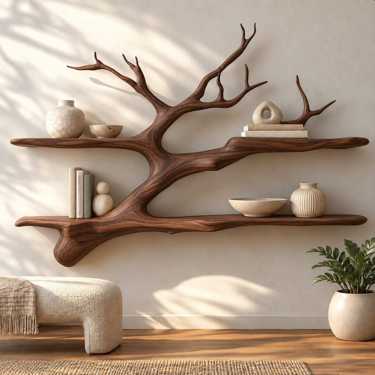 Farmhouse Solid Wood Tree Bookshelf With Tiered Shelves For Living Room