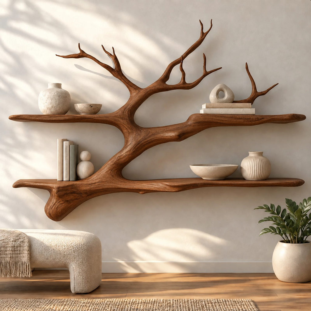 Farmhouse Solid Wood Tree Bookshelf With Tiered Shelves For Living Room