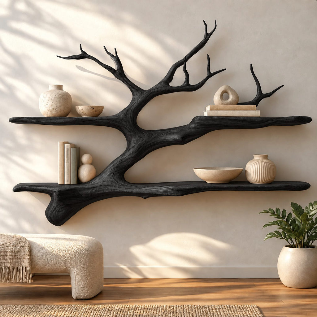 Farmhouse Solid Wood Tree Bookshelf With Tiered Shelves For Living Room