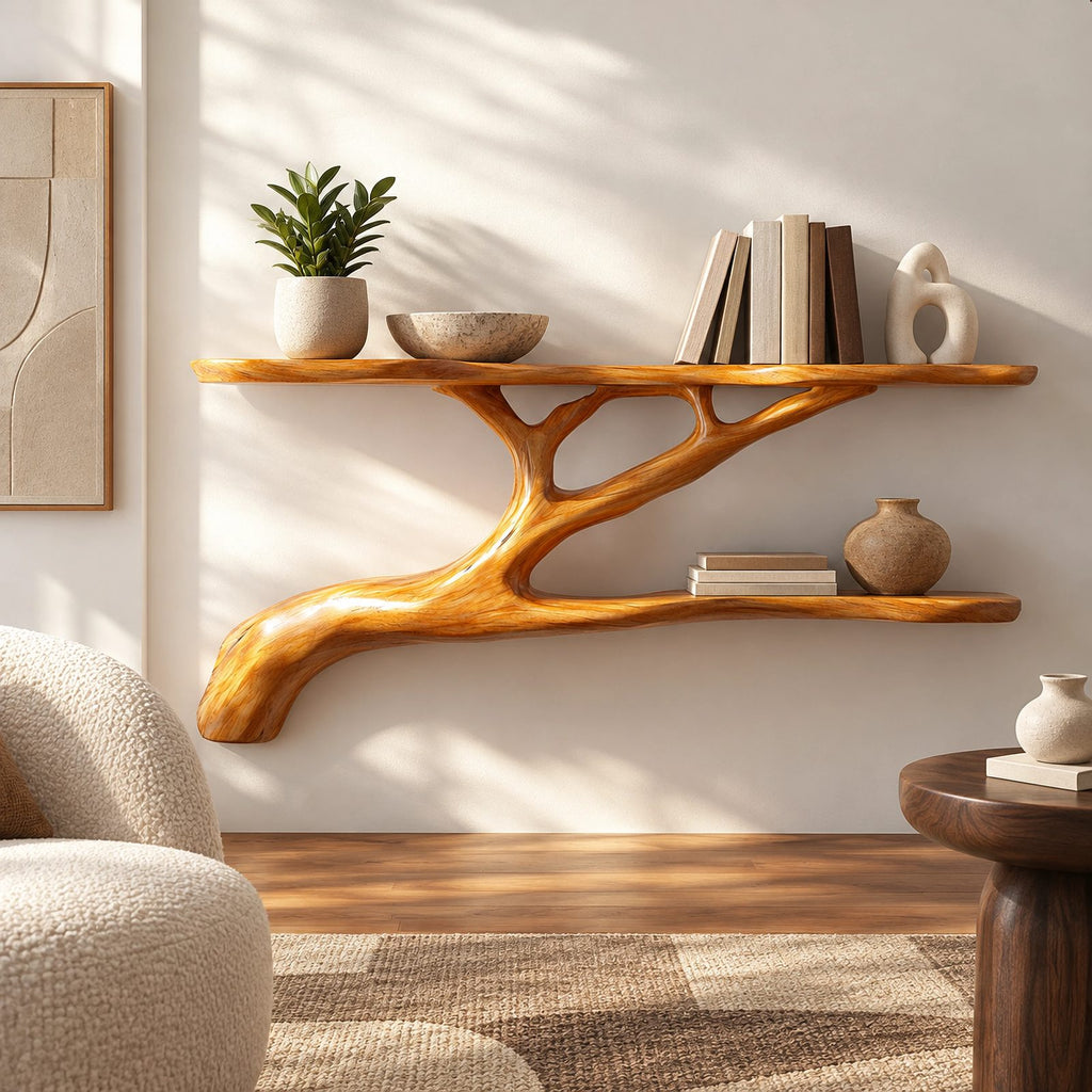 Modern Solid Wood Tree Bookshelf With Curved Branch Shelves For Living Room