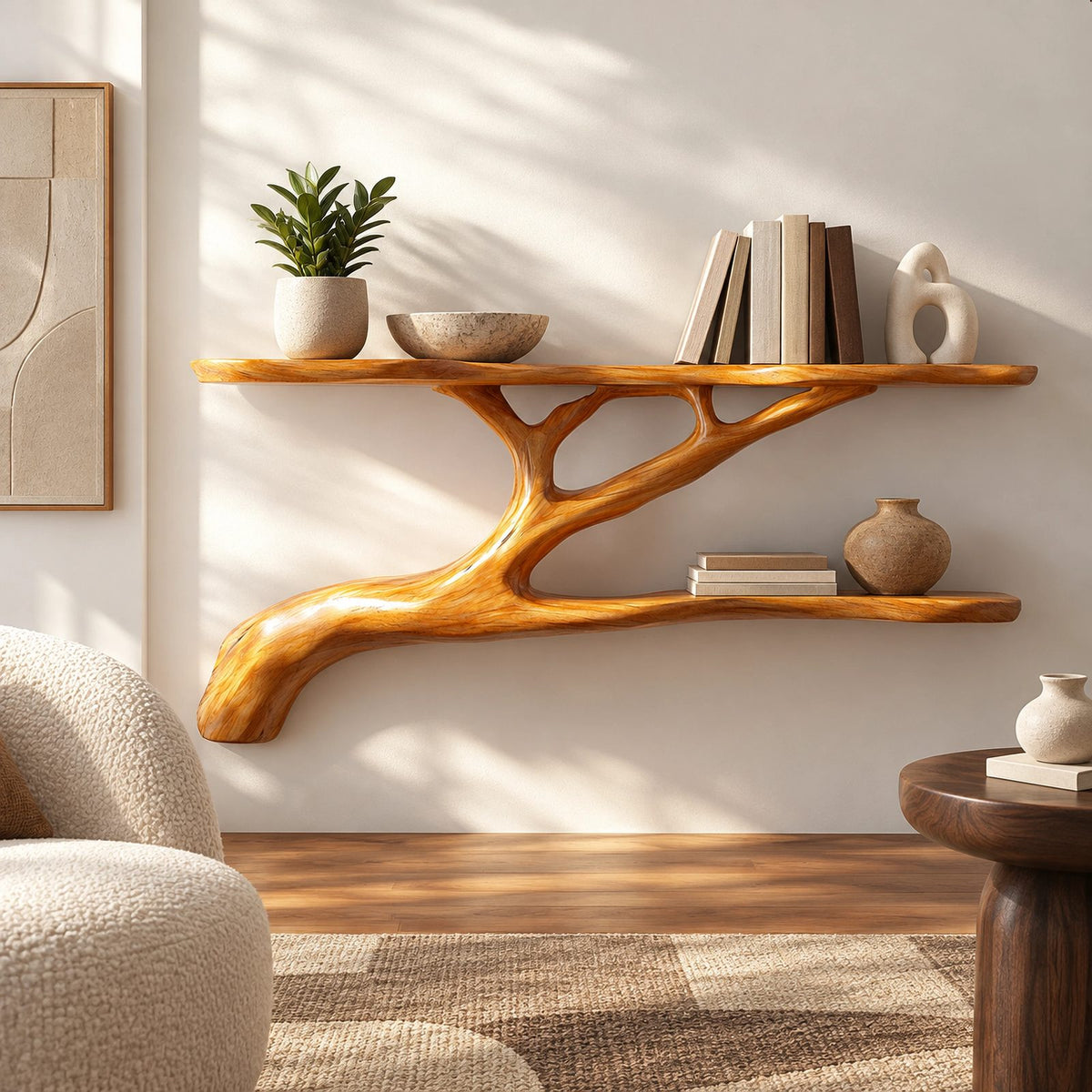 Modern Solid Wood Tree Bookshelf With Curved Branch Shelves For Living Room