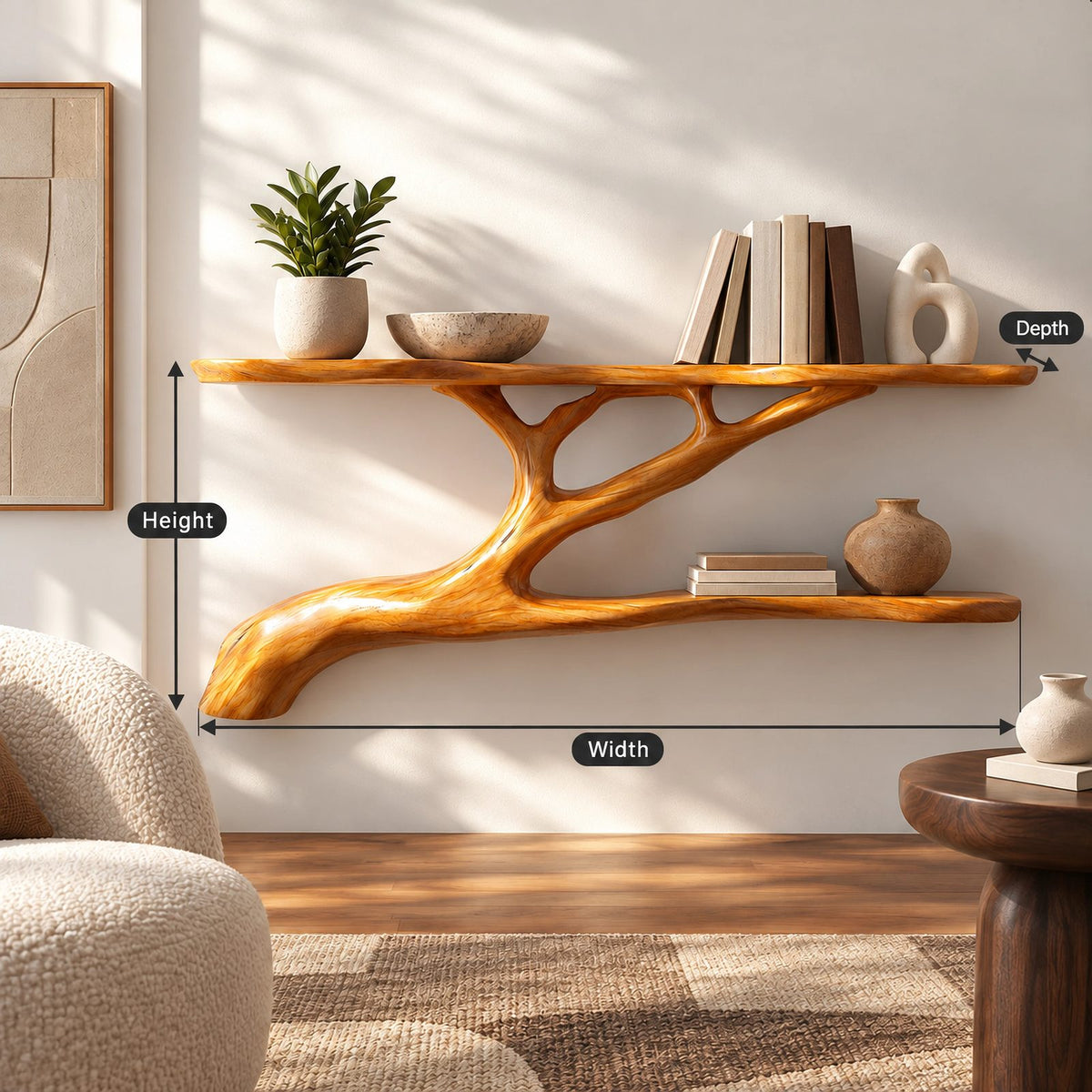 Modern Solid Wood Tree Bookshelf With Curved Branch Shelves For Living Room