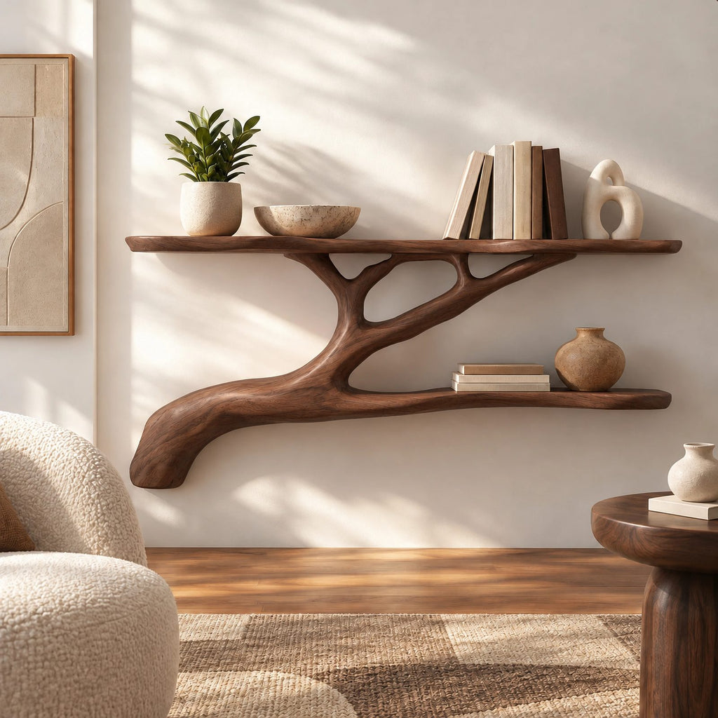 Modern Solid Wood Tree Bookshelf With Curved Branch Shelves For Living Room