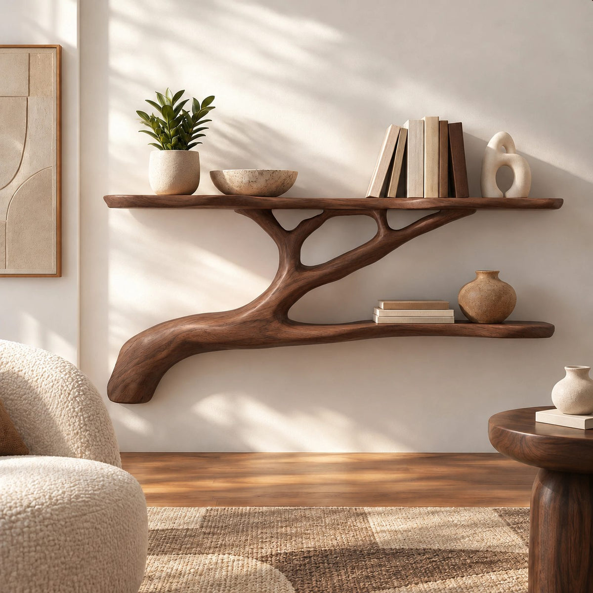 Modern Solid Wood Tree Bookshelf With Curved Branch Shelves For Living Room