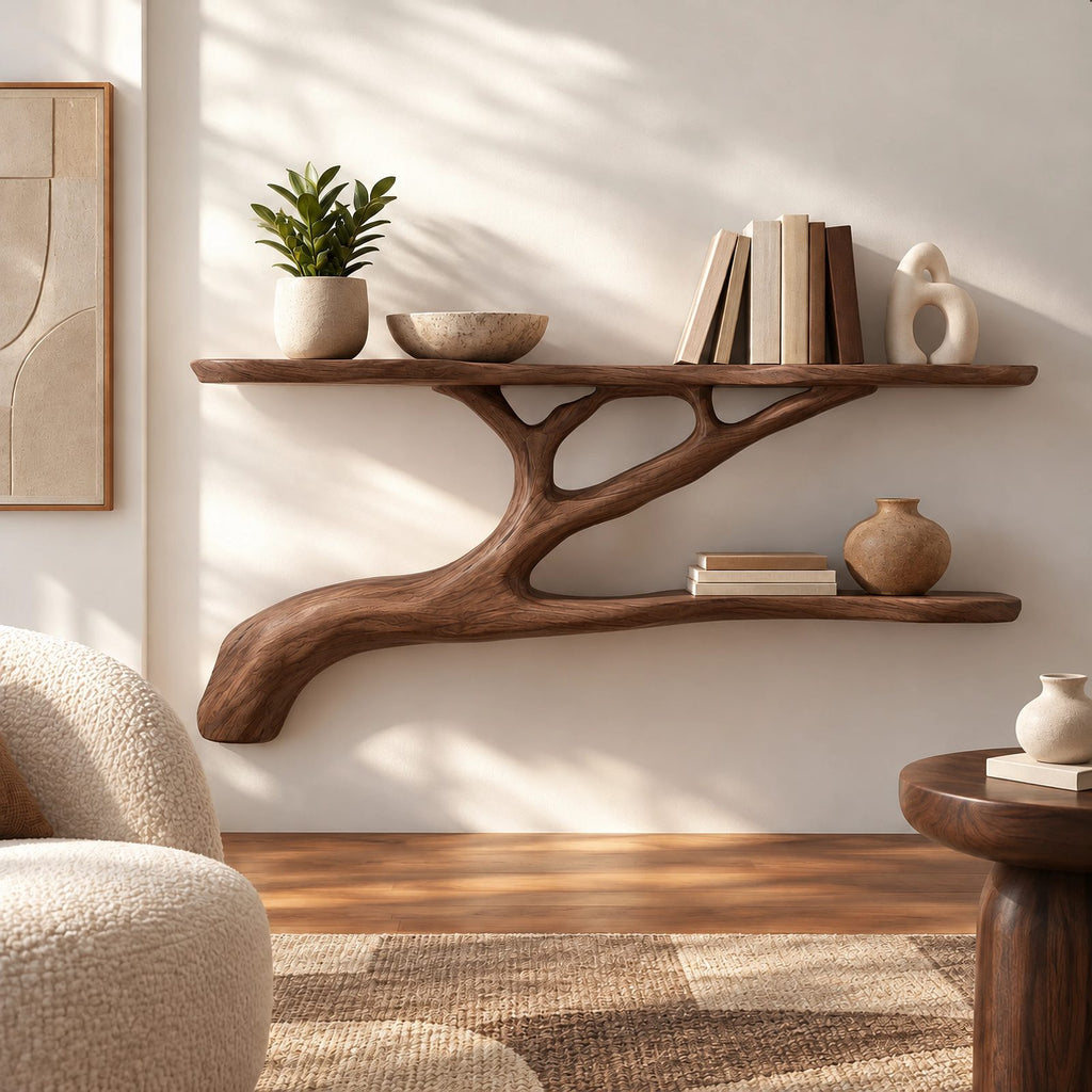 Modern Solid Wood Tree Bookshelf With Curved Branch Shelves For Living Room