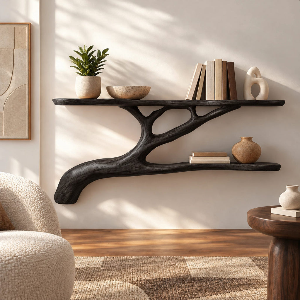 Modern Solid Wood Tree Bookshelf With Curved Branch Shelves For Living Room