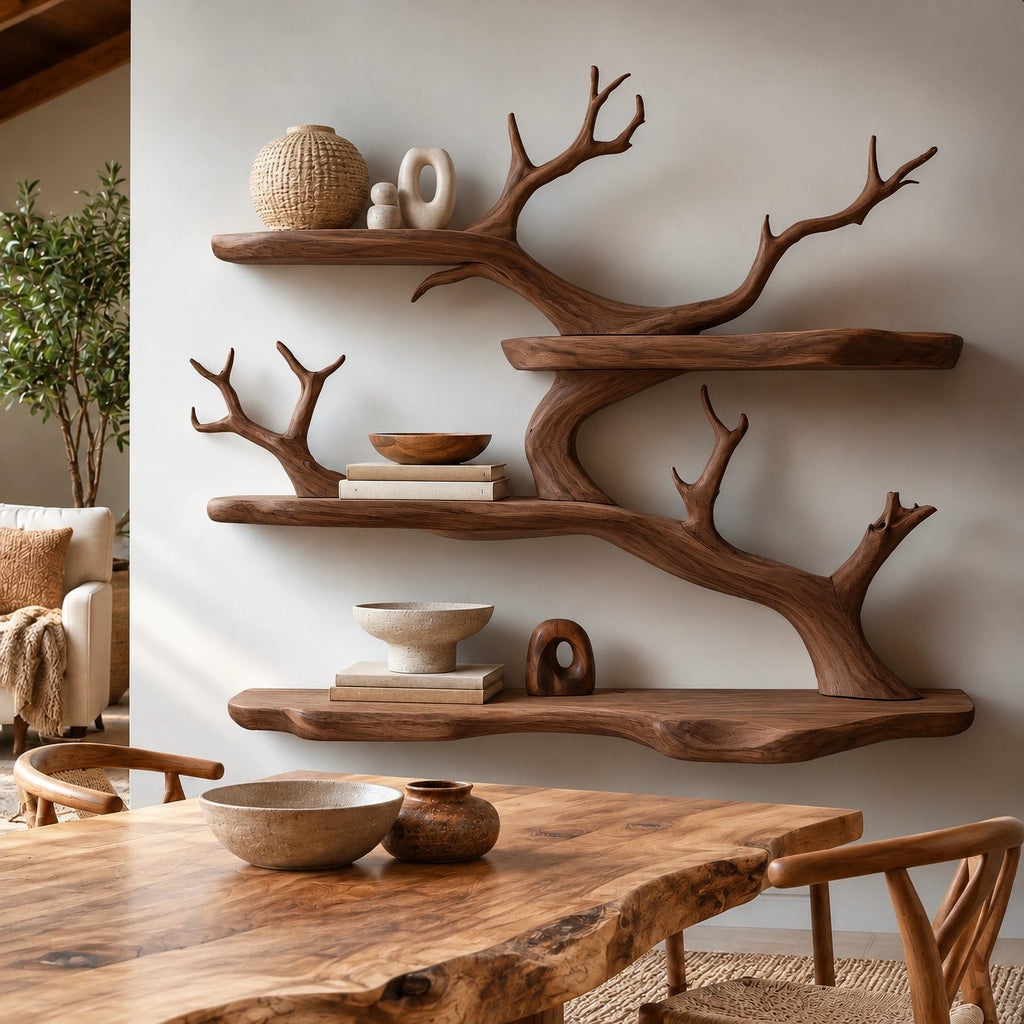 Sculptural Solid Wood Tree Bookshelf With Branch Shelves For Living Room
