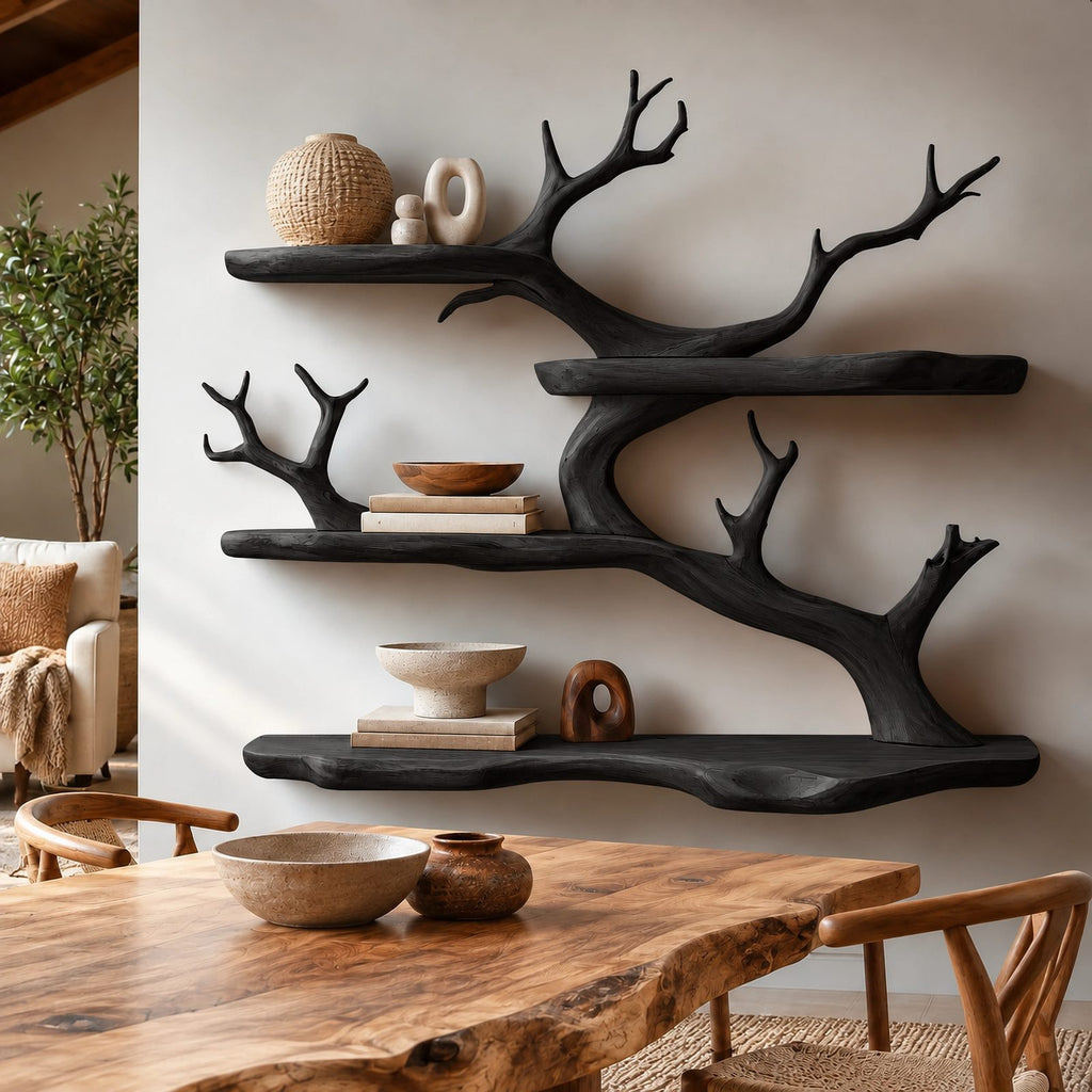 Sculptural Solid Wood Tree Bookshelf With Branch Shelves For Living Room