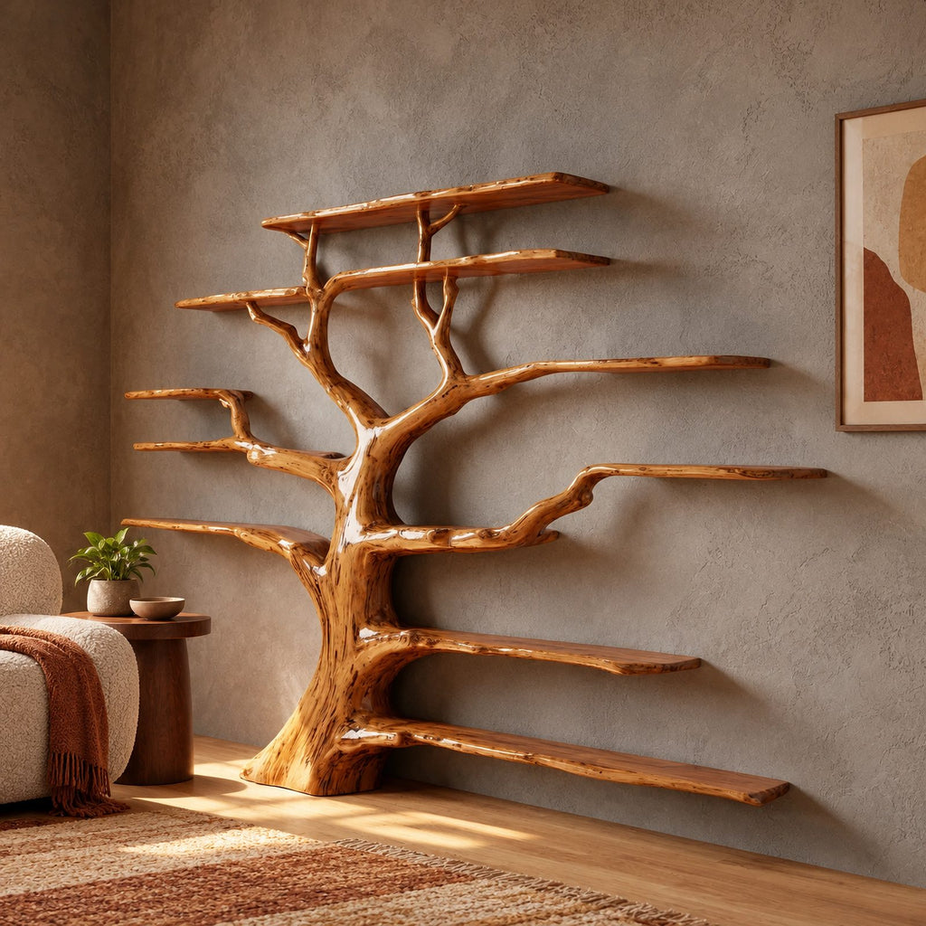 Grand Solid Wood Tree Bookshelf With Many Branch Shelves For Living Room