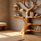 Grand Solid Wood Tree Bookshelf With Many Branch Shelves For Living Room