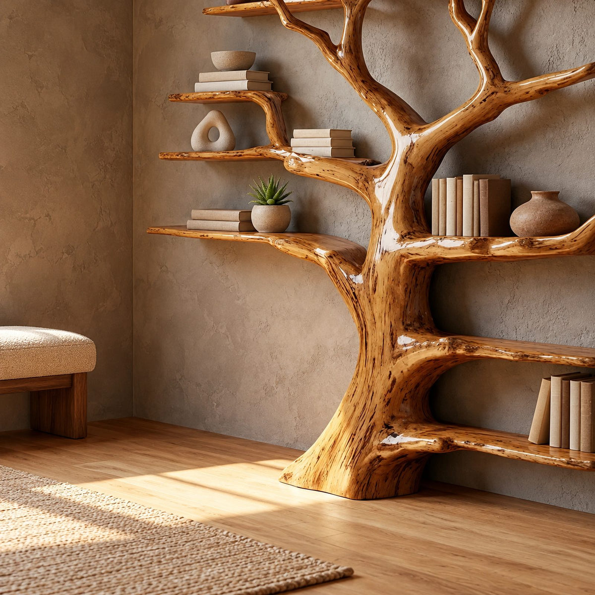 Grand Solid Wood Tree Bookshelf With Many Branch Shelves For Living Room