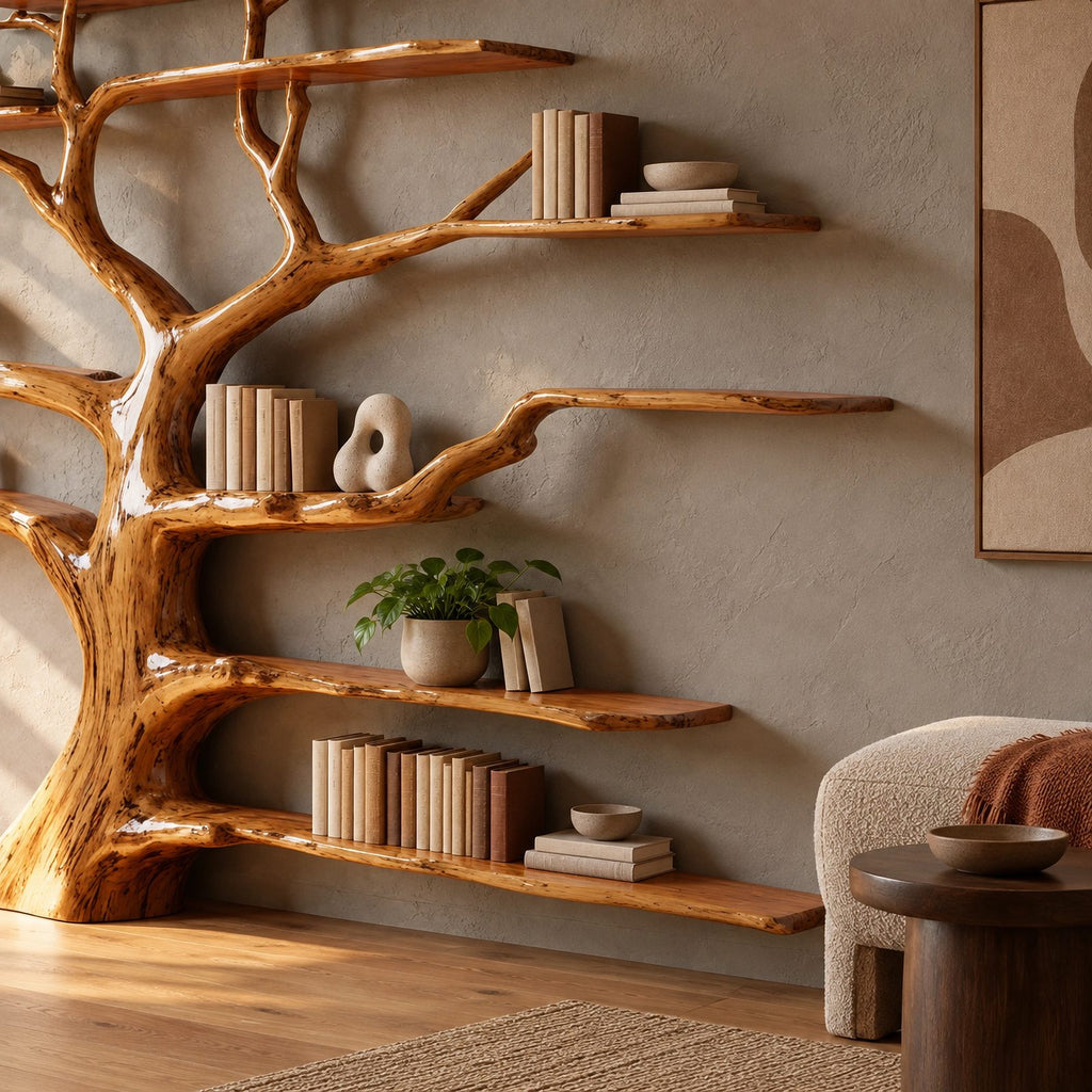 Grand Solid Wood Tree Bookshelf With Many Branch Shelves For Living Room