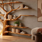 Grand Solid Wood Tree Bookshelf With Many Branch Shelves For Living Room