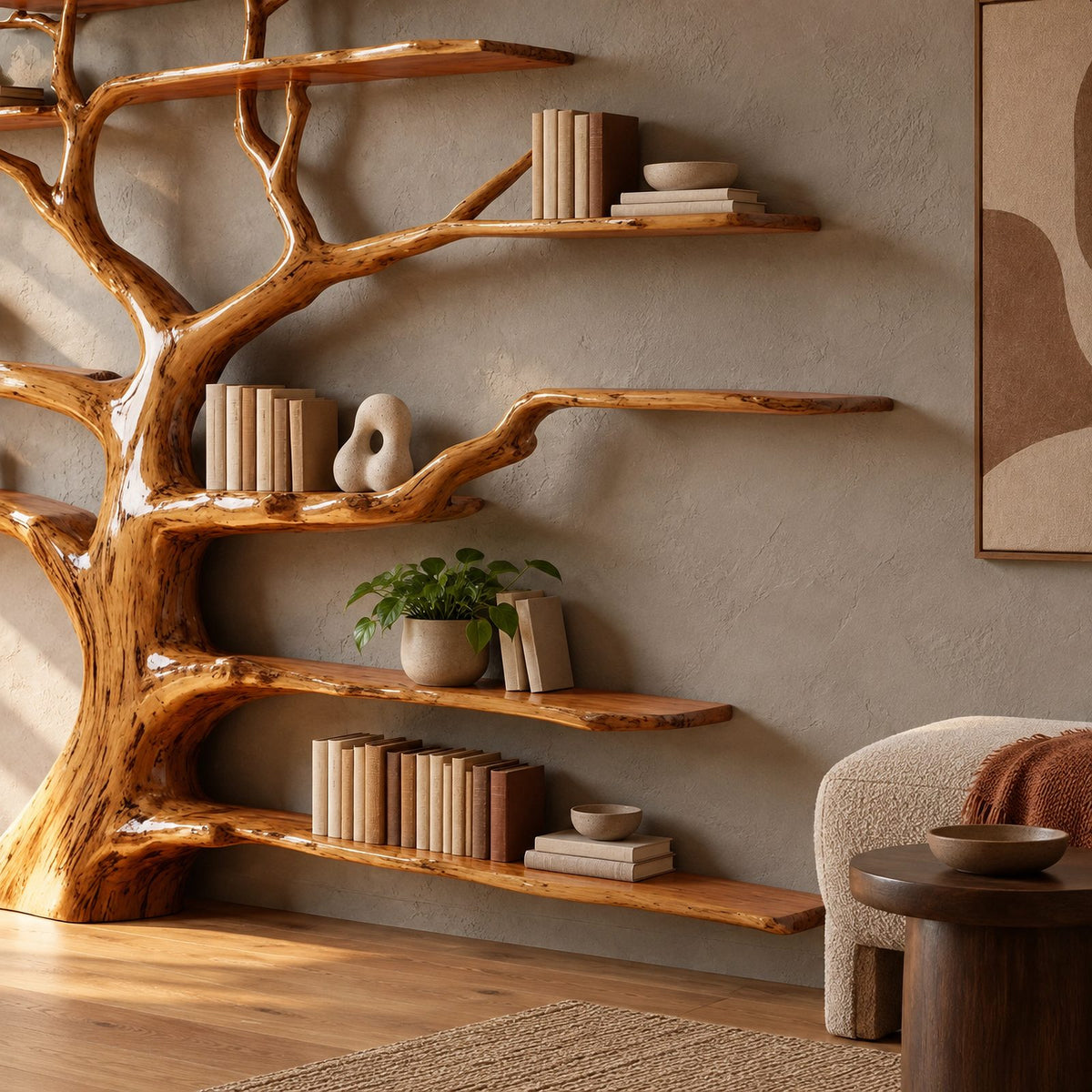 Grand Solid Wood Tree Bookshelf With Many Branch Shelves For Living Room