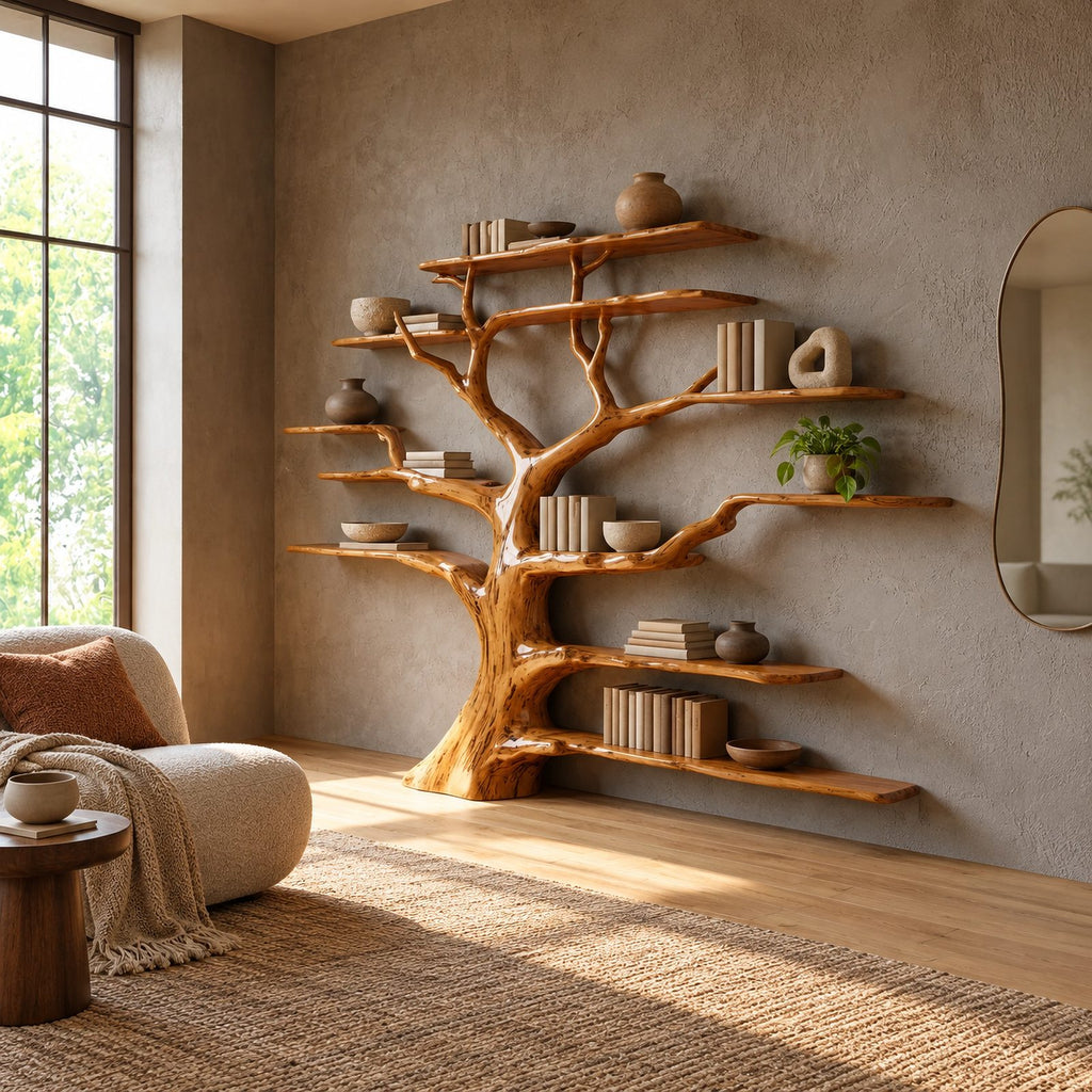 Grand Solid Wood Tree Bookshelf With Many Branch Shelves For Living Room
