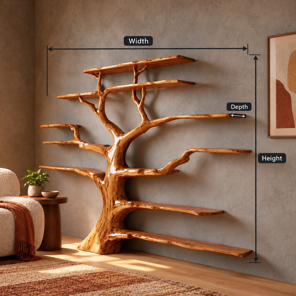 Grand Solid Wood Tree Bookshelf With Many Branch Shelves For Living Room