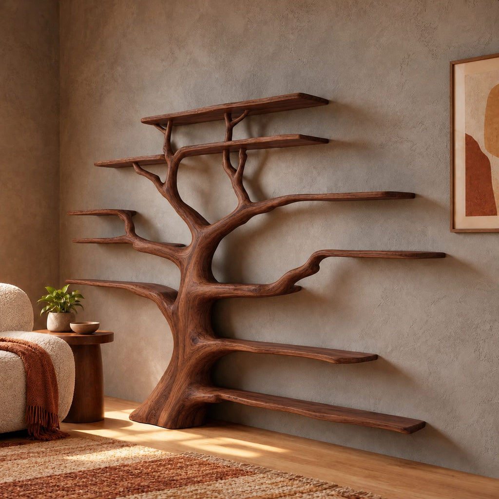 Grand Solid Wood Tree Bookshelf With Many Branch Shelves For Living Room