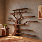 Grand Solid Wood Tree Bookshelf With Many Branch Shelves For Living Room