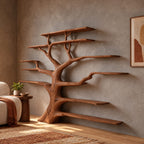 Grand Solid Wood Tree Bookshelf With Many Branch Shelves For Living Room