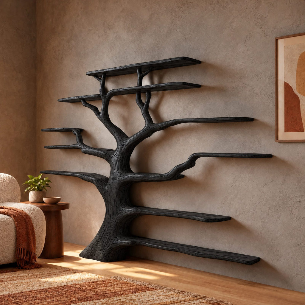 Grand Solid Wood Tree Bookshelf With Many Branch Shelves For Living Room
