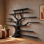 Grand Solid Wood Tree Bookshelf With Many Branch Shelves For Living Room