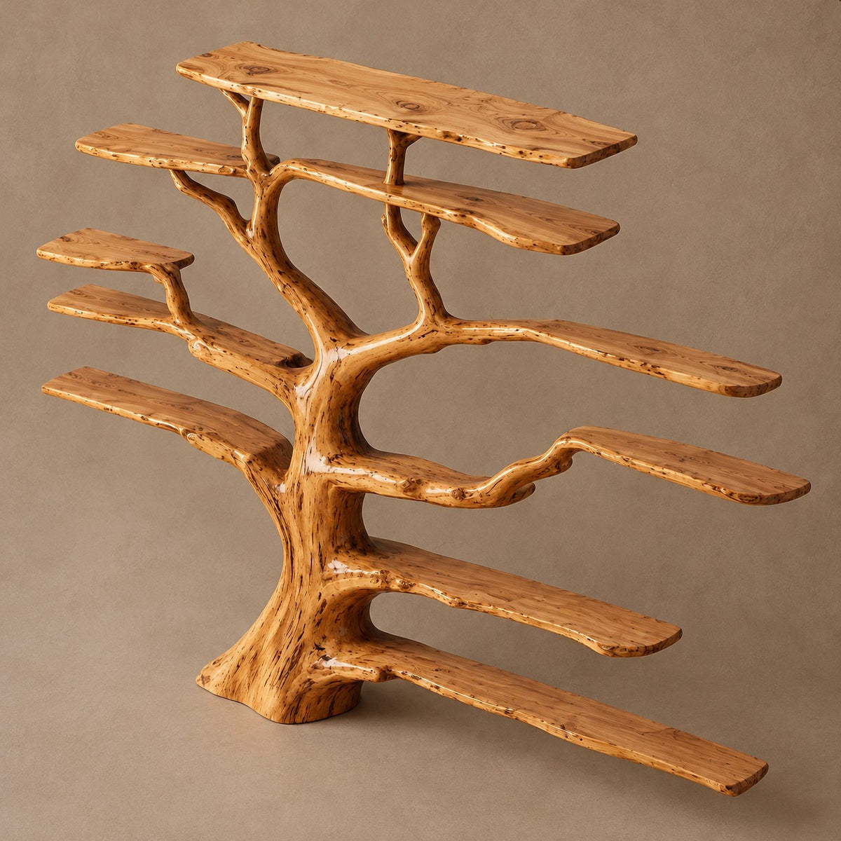 Grand Solid Wood Tree Bookshelf With Many Branch Shelves For Living Room