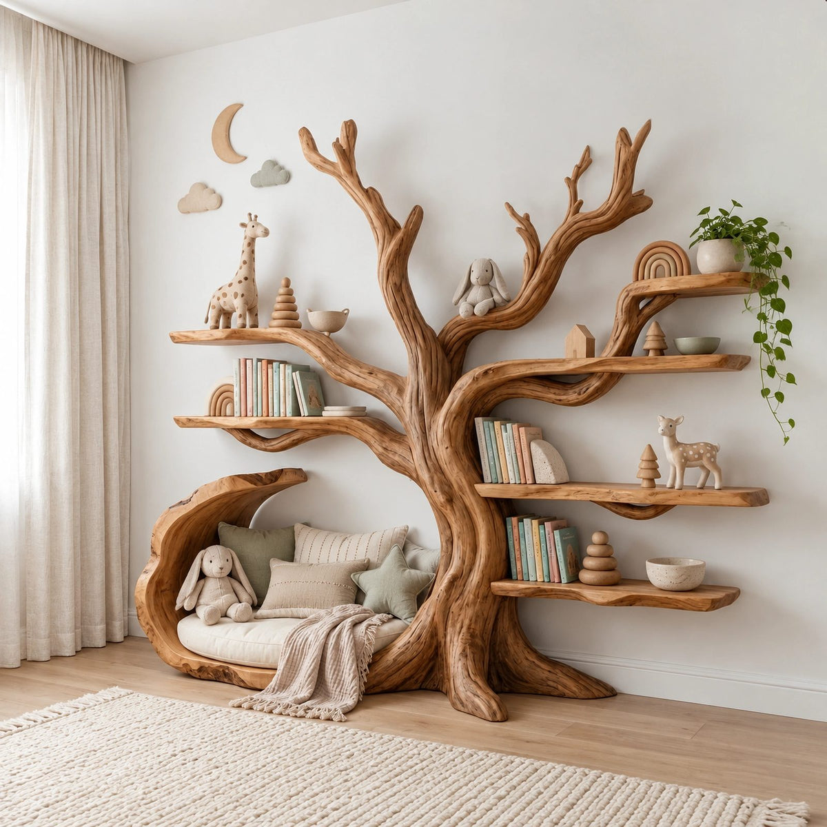 Organic Solid Wood Kids Tree Bookshelf With Bench Seat For Reading Nook