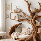 Organic Solid Wood Kids Tree Bookshelf With Bench Seat For Reading Nook