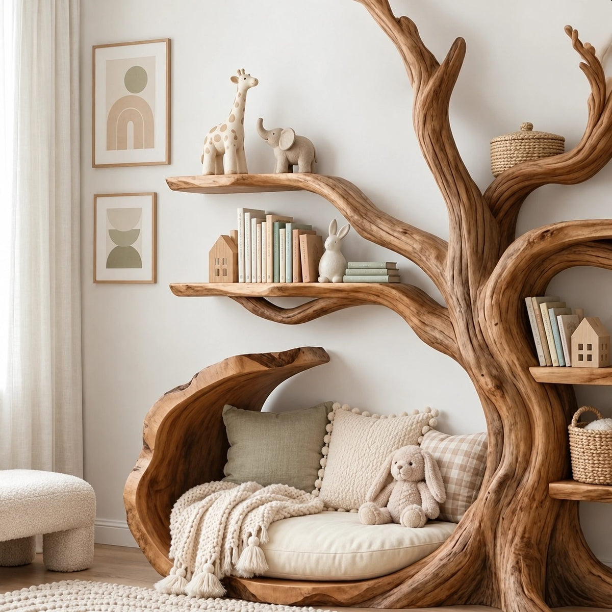 Organic Solid Wood Kids Tree Bookshelf With Bench Seat For Reading Nook