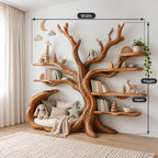 Organic Solid Wood Kids Tree Bookshelf With Bench Seat For Reading Nook