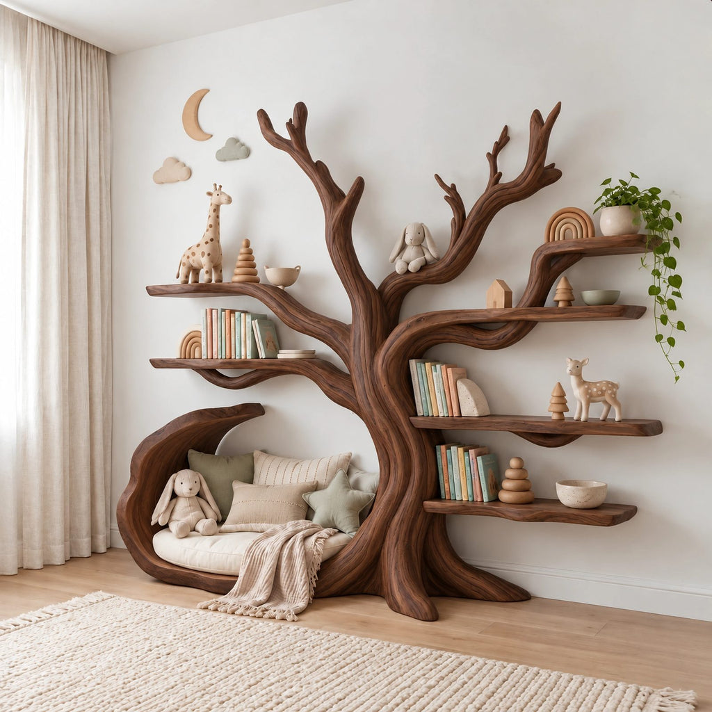 Organic Solid Wood Kids Tree Bookshelf With Bench Seat For Reading Nook