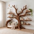Organic Solid Wood Kids Tree Bookshelf With Bench Seat For Reading Nook