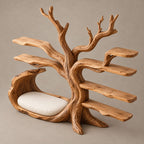 Organic Solid Wood Kids Tree Bookshelf With Bench Seat For Reading Nook