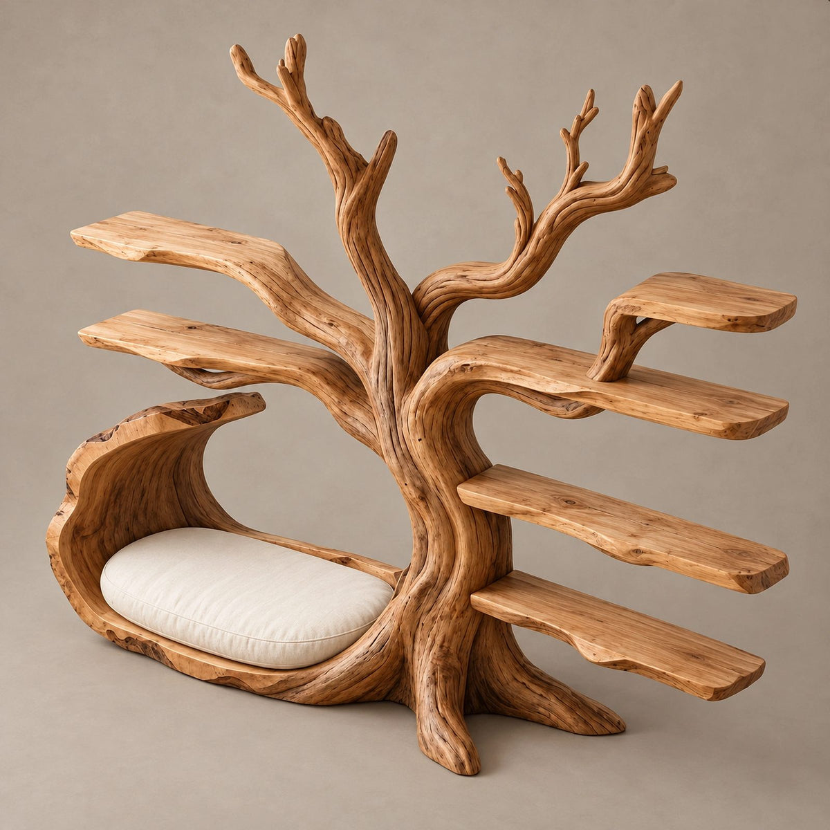 Organic Solid Wood Kids Tree Bookshelf With Bench Seat For Reading Nook