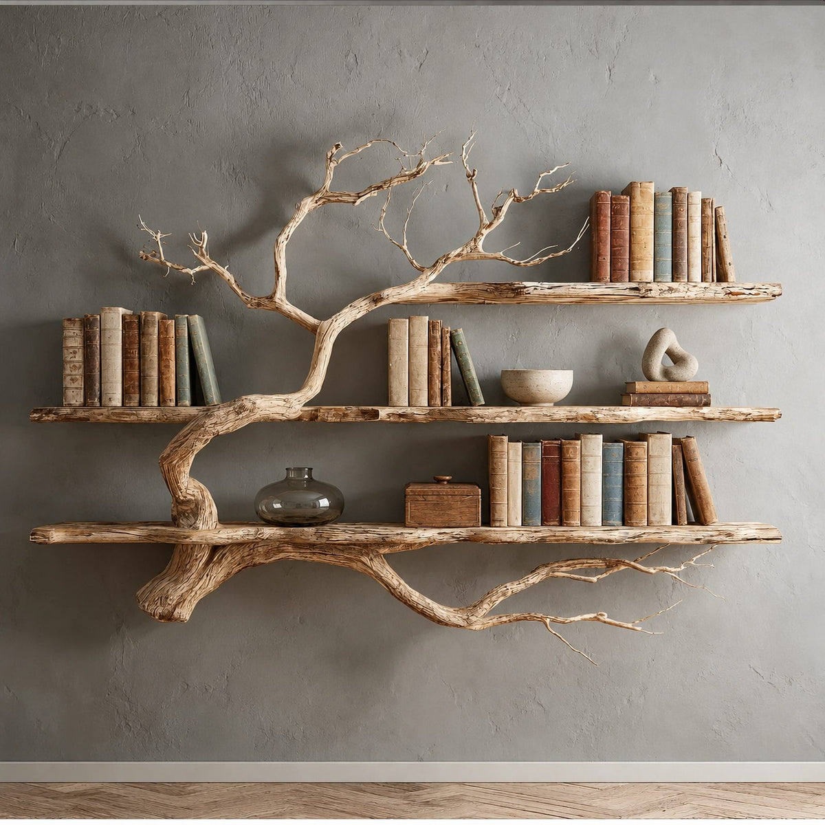 Rustic Driftwood Corner Tree Bookshelf With Branch Shelves For Living Room