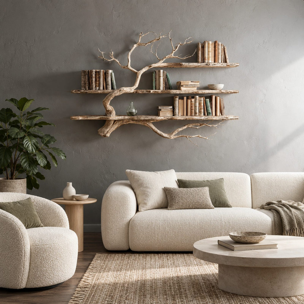 Rustic Driftwood Corner Tree Bookshelf With Branch Shelves For Living Room